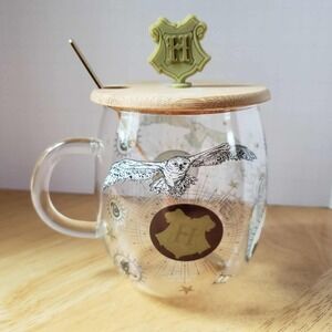 Harry Potter Hogwarts Glass Mug w/ Lid & Spoon Wizard Coffee Tea Cup Gift